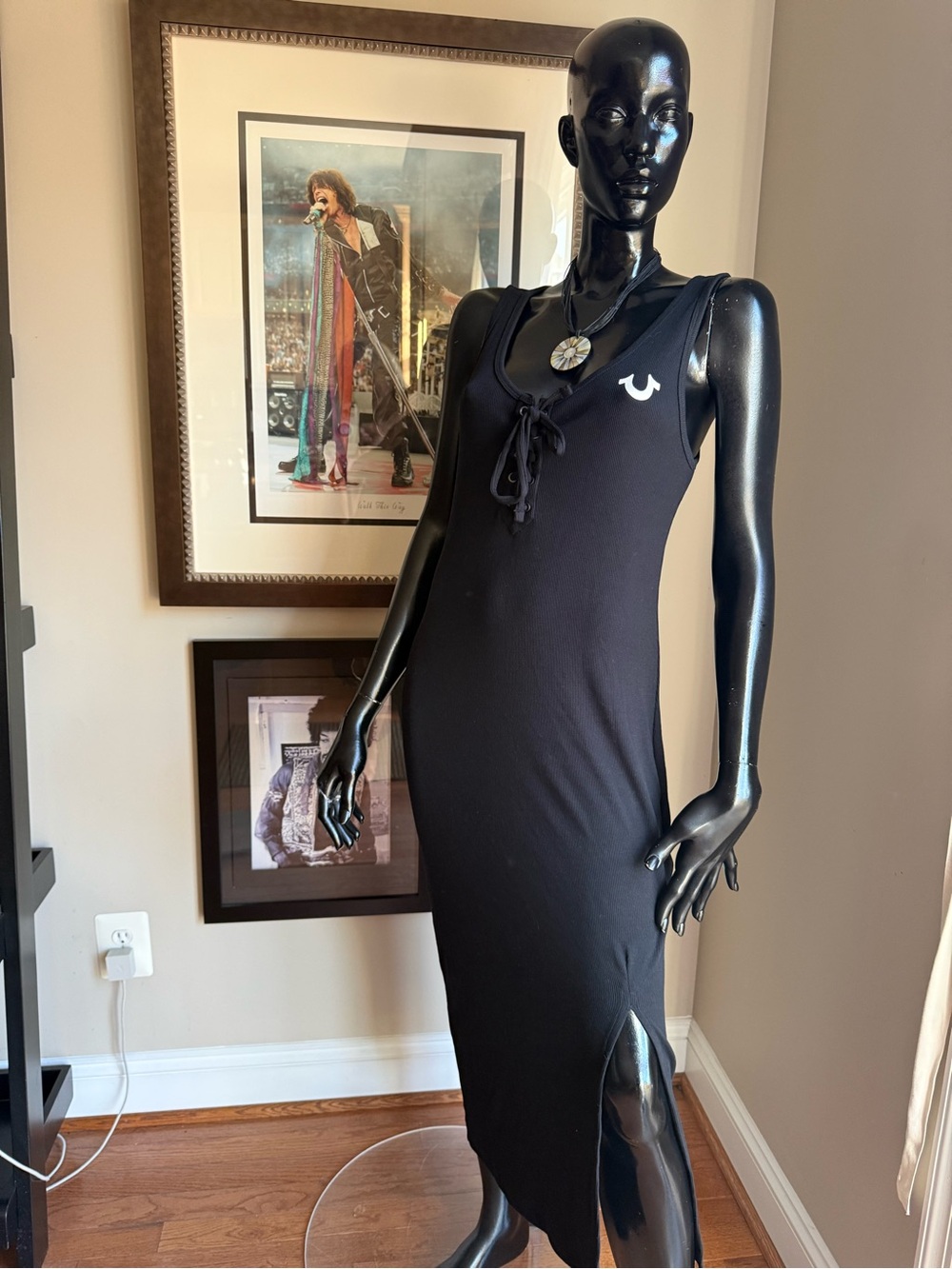 True Religion NWT Black Lace Up Ribbed Maxi Midi Dress L $129